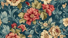  A Blue Floral Wallpaper With Red, Yellow, And Green Flowers On A Blue Background With Swirls And Leaves.