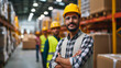 Portrait of a construction worker. Male builder in a helmet. Warehouse worker in uniform on the blurred background. Created using AI generation	