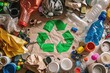 Creative collage of recycle symbol with assorted objects like plastic, paper, and metal