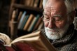 Elderly man reading a book with a contented expression