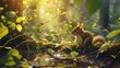  a small squirrel sitting on a mossy log in a forest with sunlight shining through the leaves of the trees.