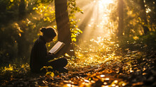 Silhouette Of Woman Reading A Book In The Park.
