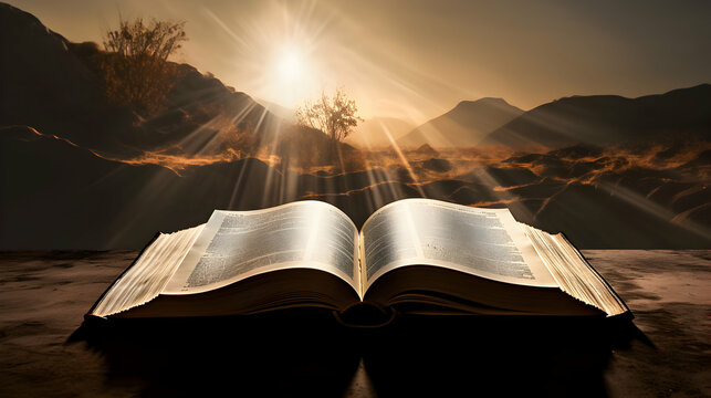 Holy book on a rock with a sunrise backdrop.