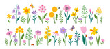 Fototapeta Dinusie - Vector set of spring Easter flowers and insects in flat style isolated on white background. 