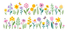 Vector Set Of Spring Easter Flowers And Insects In Flat Style Isolated On White Background. 