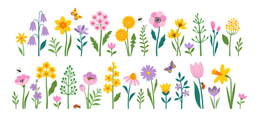 vector set of spring easter flowers and insects in flat style isolated on white background.