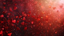 Red Valentines Day Heart Particles And Sprinkles Confetti For A Holiday Celebration On 14th February 2024. Shiny Red Lights. Wallpaper Background For Ads Or Gifts Wrap And Web Design And Banners Cards