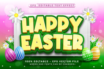 Wall Mural - happy easter 3d text effect and editable text effect with easter egg illustrations