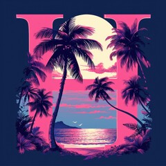 Wall Mural - Capital letter H with Coconut trees, palm trees and beach