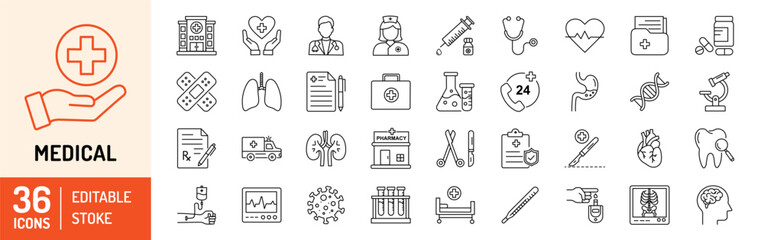 Medical editable stroke outline Icons set. Hospital, patient, medicine, pharmacy, nurse, prescription, ambulance, pills and medical report. Vector illustration