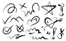Set Of Trendy Doodle And Random Childish Doodle Elements Isolated On White Background. Brush Drawn, Stroke, Underline, Star, Heart Shape, Question Mark, Exclamation Mark, True Mark, And Curly Lines.