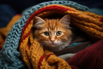 Wall Mural - Cat prepares for winter in woolen clothes