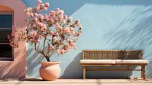 Flowering Tree In Front Of Blue Wall With Bench