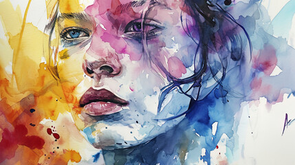 Canvas Print - Abstract watercolor portrait using unusual colors and shapes