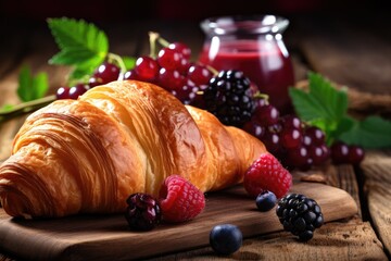 Poster - Delectable morning meal with fresh pastries and ripe fruit on rustic wood