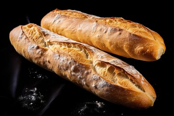 Wall Mural - Two crispy French baguettes on a dark backdrop.