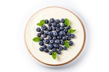 Wall Mural - Top down view of round blueberry cheesecake on white backdrop