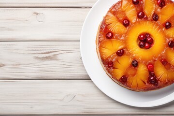 Poster - Tropical dessert with candied cranberries on wooden background Top view