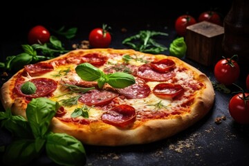 Canvas Print - Traditional Italian pizza with salami cheese tomatoes and greens on a dark background served hot