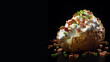 Loaded Baked Potato on a Solid Black Background With Copy Space