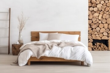 Canvas Print - Cozy room interior with wooden bed soft white mattress blanket and pillows