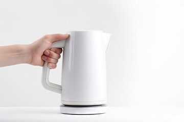 Wall Mural - Electric kettle isolated on white background held by hand