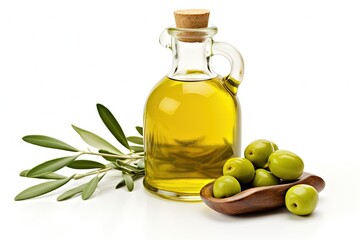 Wall Mural - Green olives and olive oil in glass bottle isolated on white background
