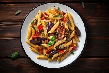 Wall Mural - Italian style penne pasta salad with baked vegetables pesto and cheese on a wooden table ideal for rustic dining