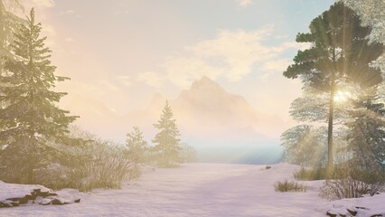 Wall Mural - Light winter landscape in a haze with a mountain against the background and rays of the morning sun, 3D Render
