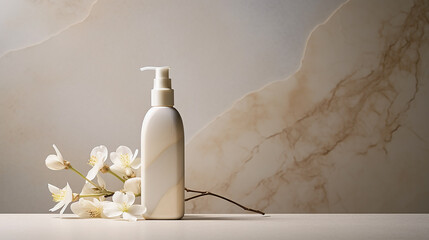 Wall Mural - aesthetic minimalist beauty care therapy concept with flower on cream wall
