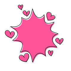 Pink cartoon boom speech bubble with hearts, line art drawing on white background.