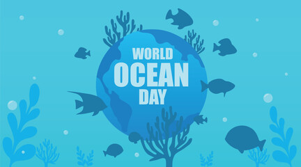 Wall Mural - Poster for World Oceans Day with underwater life and planet Earth
