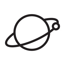 Vector Illustration Of A Planet Icon With Rings And Satellites. Line Drawing Style. Black And White Color.