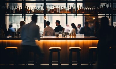 Wall Mural - People standing in front of a bar with stools. Generative AI.