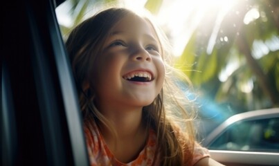 Wall Mural - A little girl smiles while sitting in the car. Generative AI.