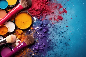 Wall Mural - Colorful makeup powders and brushes scattered on a vibrant blue background.