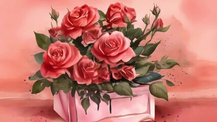 Wall Mural - Watercolor red rose bouquet in a pink box, motion