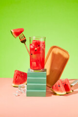 Sticker - Front view of a glass of watermelon juice placed on a podium, surrounded by fresh watermelon slices, a metal fork and a wooden tray. Pink and green background.