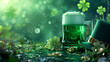 St. Patrick's Day background with space for text for a banner or flyer for St. Patrick's Day clover on a green background and a mug of green ale