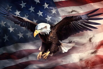 Wall Mural - Illustration of an eagle on the background of the American flag closeup. Ai generation