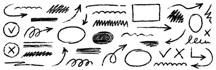 Aufkleber - Chalk scribble arrow, line brush set. Crayon arrow, underline, handwritten mark check elements. Vector hand drawn scribble crayon, marker sketch brush texture. Rough chalk vector illustration