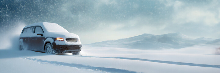 Wall Mural - Car driving on snowy road in winter, panoramic banner.