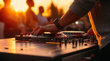Dj mixing music, DJ Hands creating and regulating music on dj console mixer in concert outdoor, Ai generated image