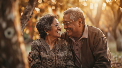 Wall Mural - Hispanic couple in retirement enjoying being together, sitting in the park and gazing at each other.