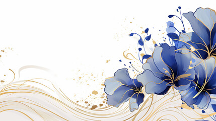 Wall Mural - floral background with marble pattern. Watercolor Royal Blue background with elements of gold splashes. Great for backgrounds, websites, postcards, invitations, banners, brochures, brochures