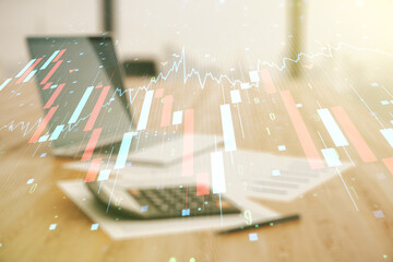 Poster - Double exposure of abstract virtual global crisis chart and world map hologram on blurry calculator with laptop background. Financial crisis and recession concept