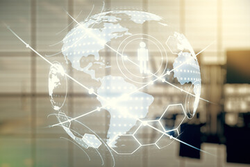 Poster - Virtual social network media hologram and world map on a modern coworking room background. Double exposure