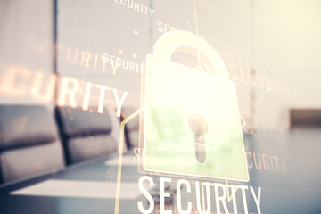 Aufkleber - Virtual creative lock sketch with chip hologram on a modern boardroom background, protection of personal data concept. Multiexposure
