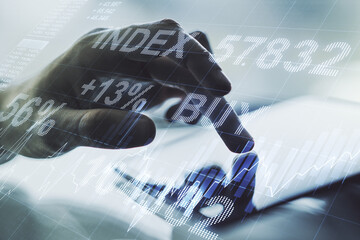 Aufkleber - Double exposure of abstract creative financial diagram with finger clicks on a digital tablet on background, banking and accounting concept
