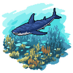 Wall Mural - pixel art shark underwater scene